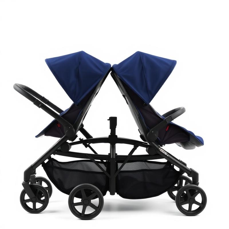 Navy side-by-side double stroller with twin canopies