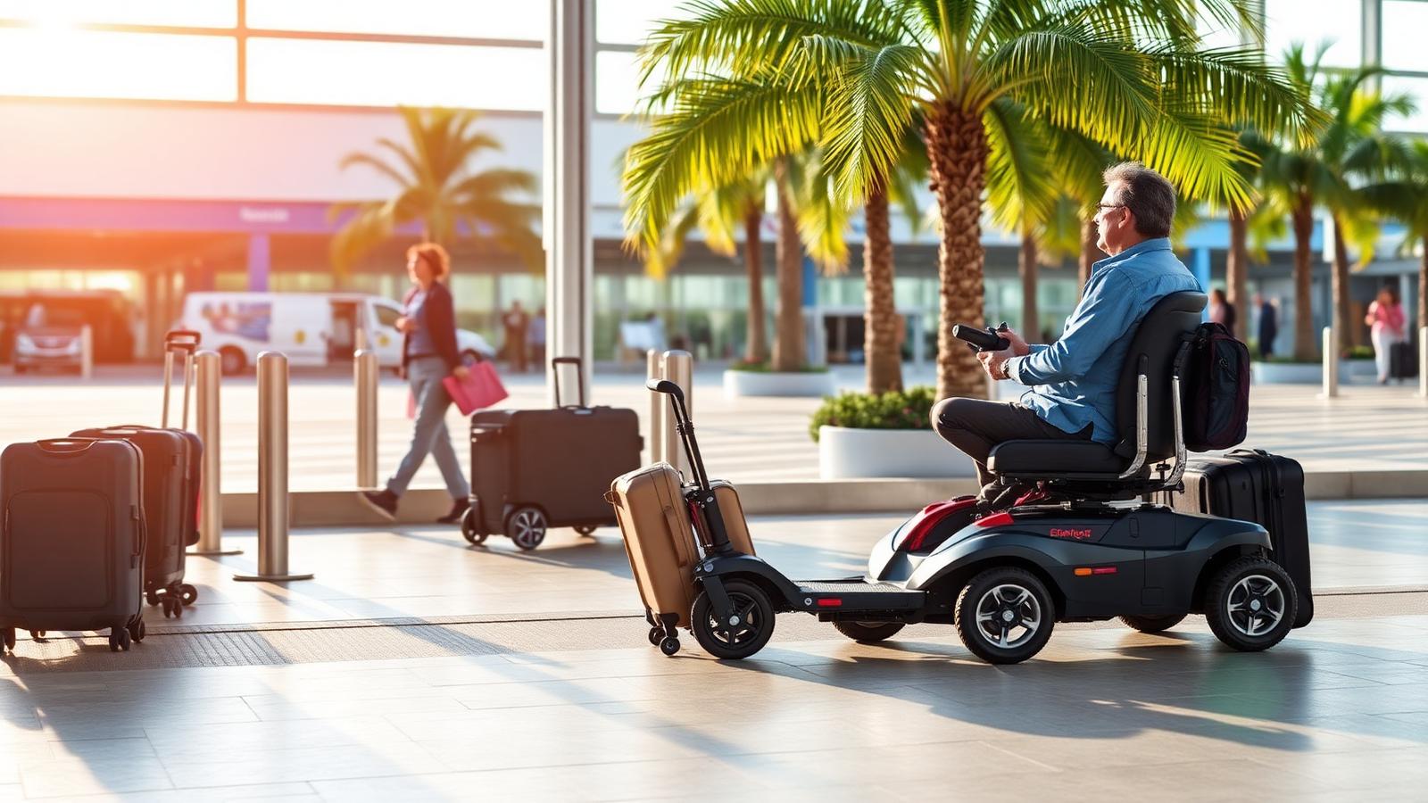 Mobility scooter waiting curbside at Orlando International Airport arrivals