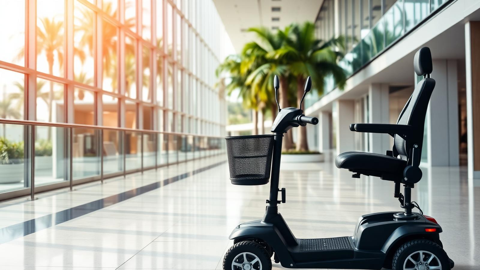 Mobility scooter parked in a bright Orange County Convention Center concourse in Orlando