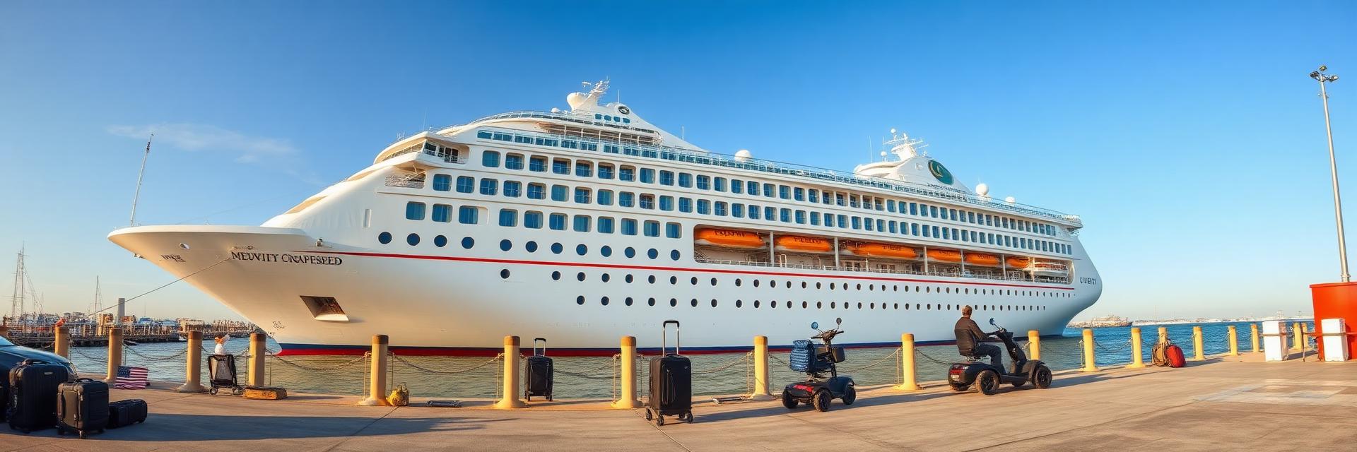 Cruise ship docked at a Florida port with a mobility scooter waiting on the quay