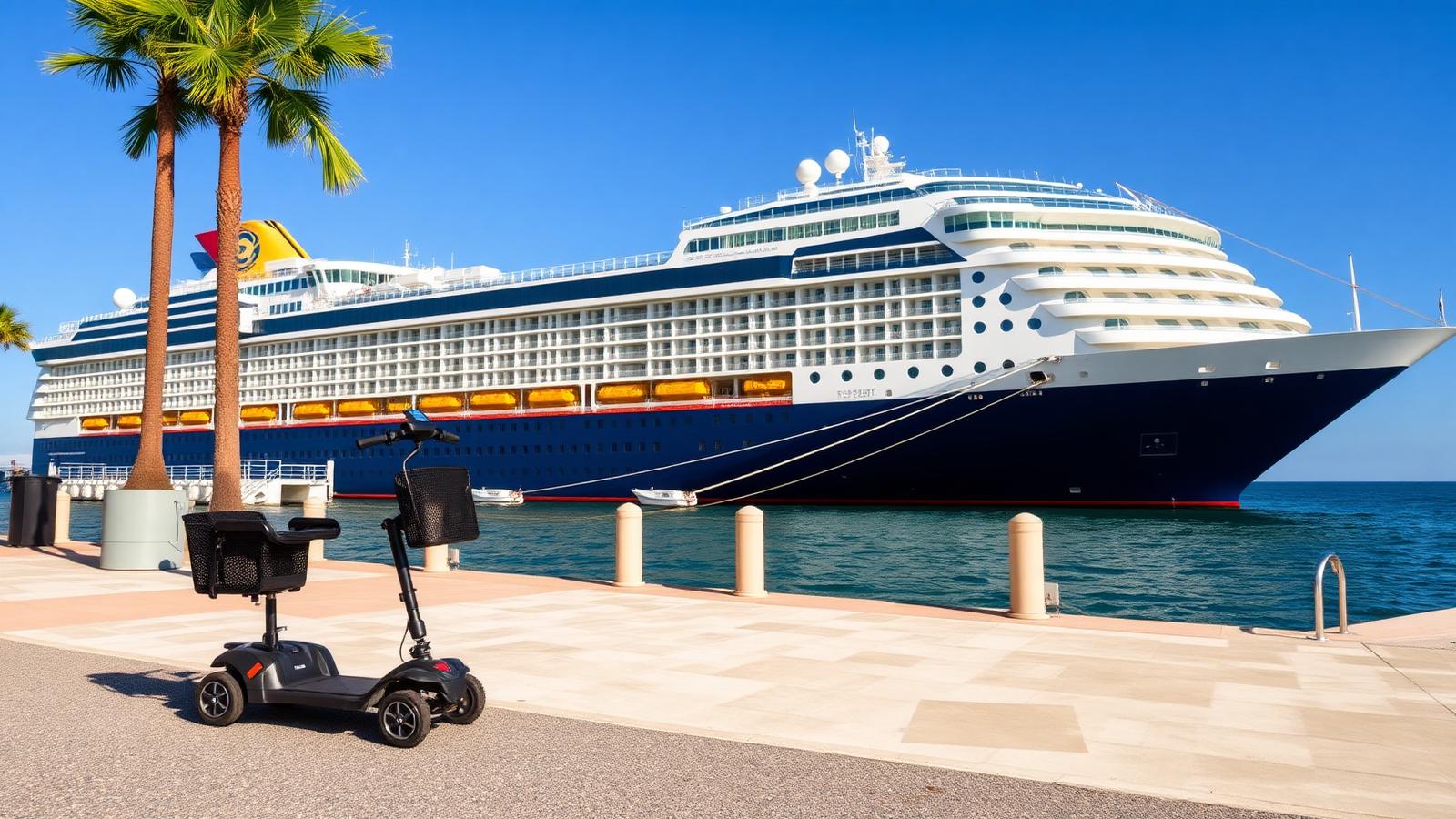 Mobility scooter at the Port Canaveral cruise terminal beside a docked cruise ship