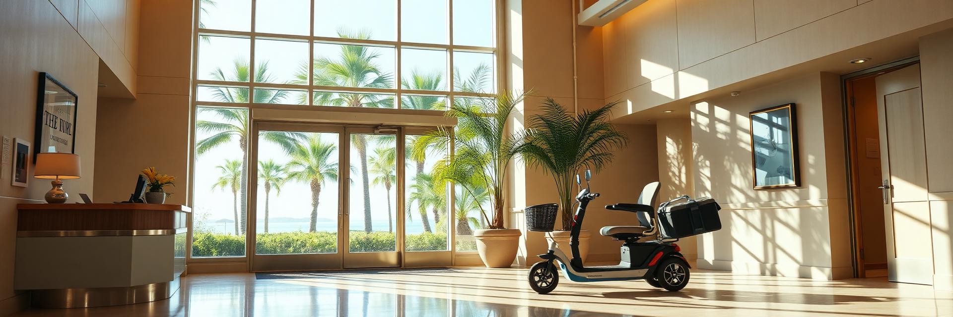 Mobility scooter delivered to a sunlit Florida hotel lobby beside the bell desk