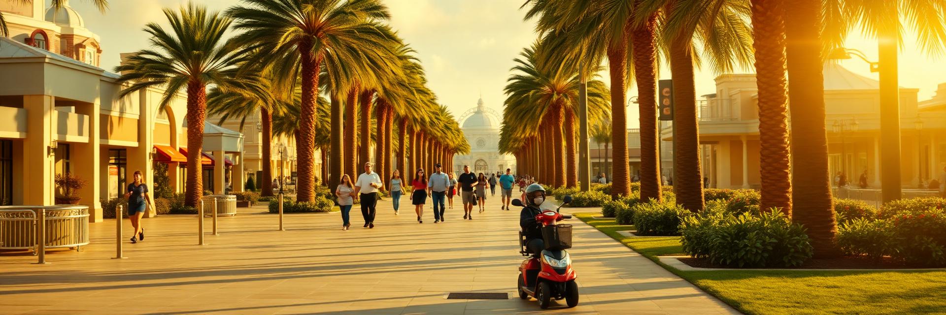 Palm-lined Orlando theme park promenade with a mobility scooter parked in the foreground