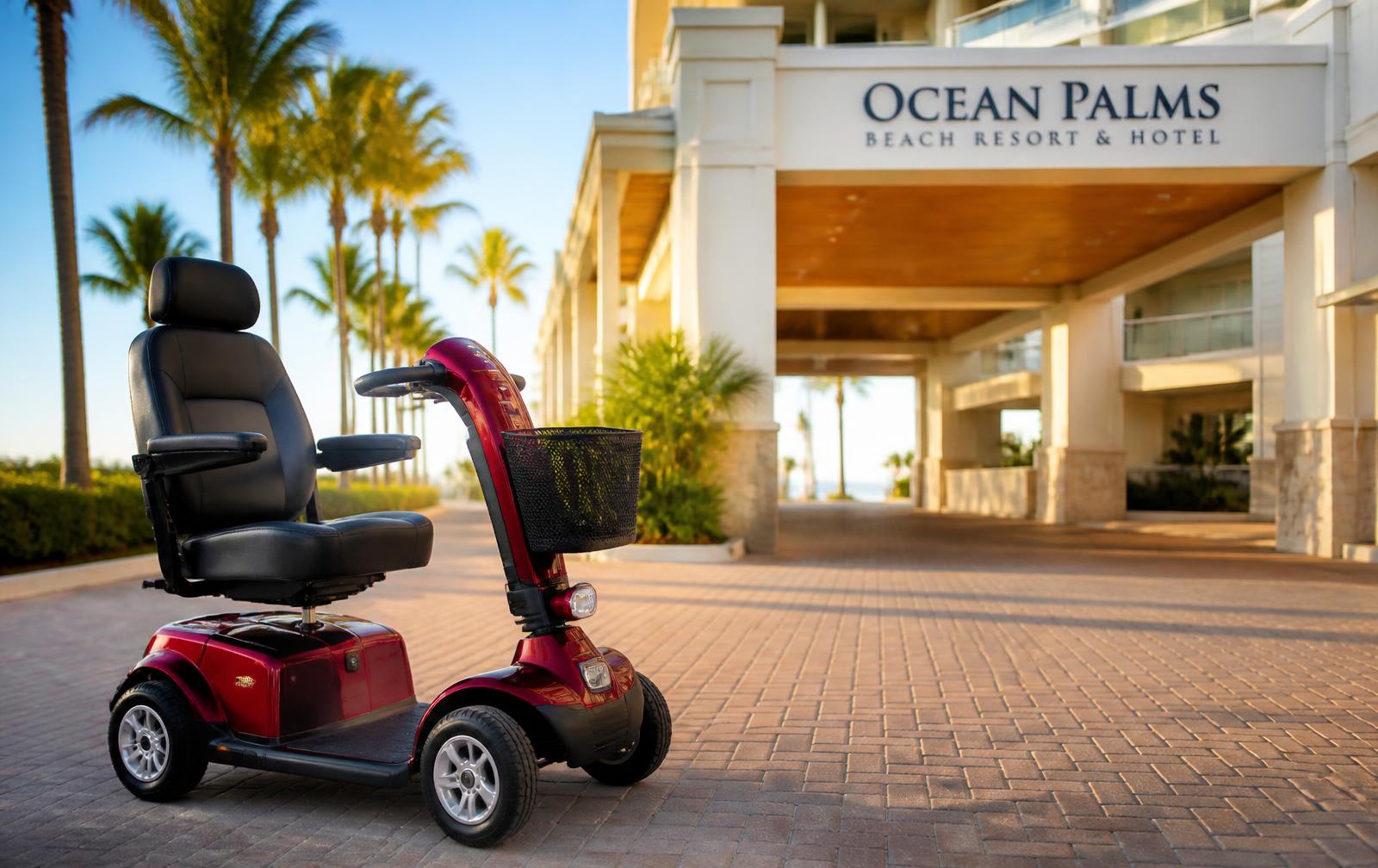 Red four-wheel mobility scooter waiting outside a palm-lined Florida resort entrance