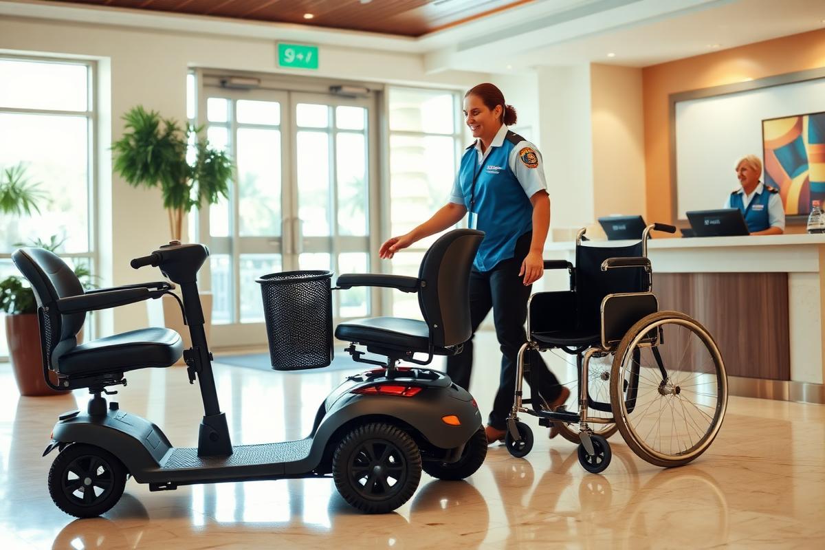 Mobility scooter and wheelchair handed over at a bright Florida hotel bell services desk